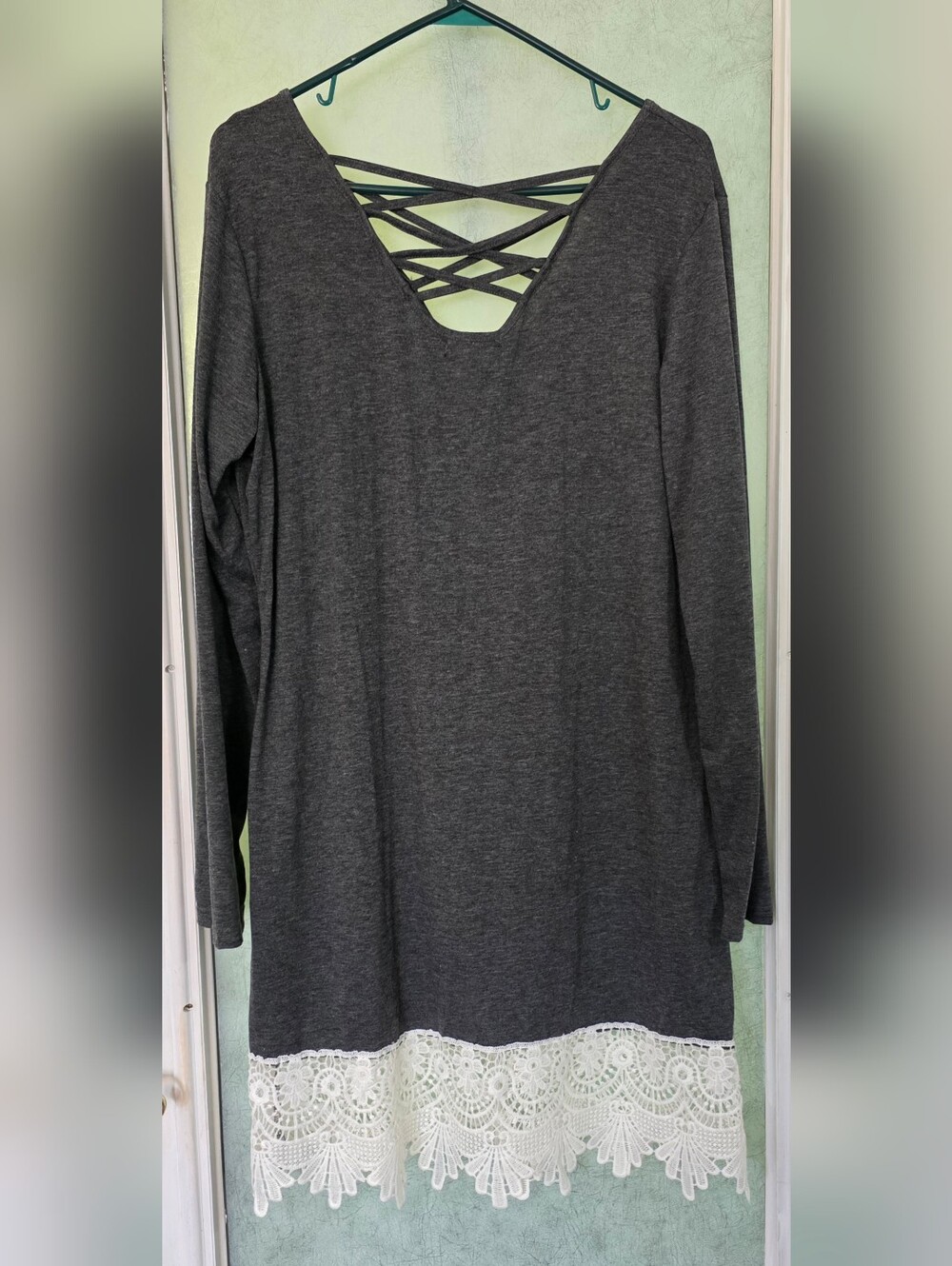 Long Sleeve Charcoal Gray Tunic with Lace Hem